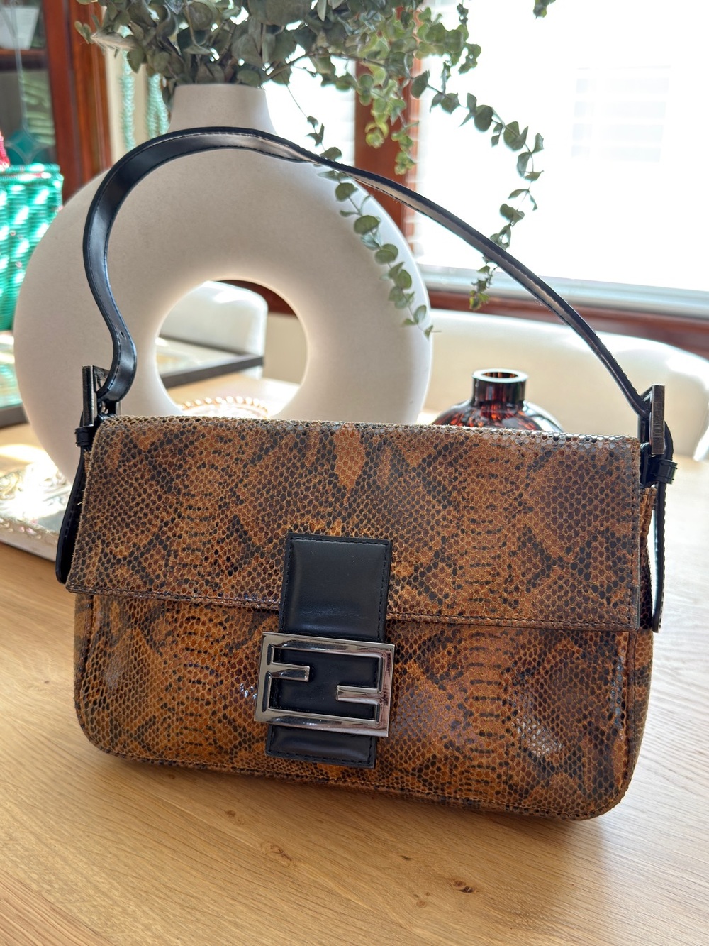 Vintage 1980s Fendi Shoulder Bag Embossed Snakeskin Brown Black